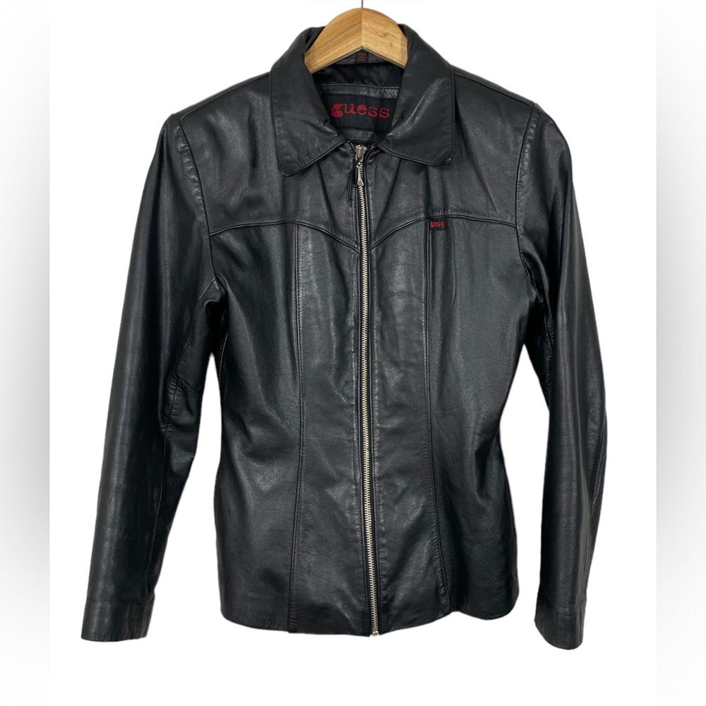 VINTAGE GUESS WOMAN GENUINE LEATHER MOTORCYCLE JACKET BLACK LEATHER SIZE SMALL